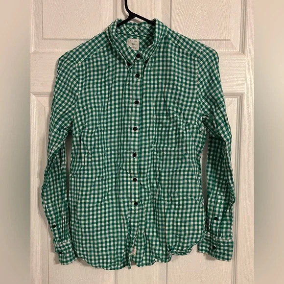 Gap Women’s The Shrunken Boyfriend Gingham Green And White Medium Long Sleeve - Picture 1 of 16